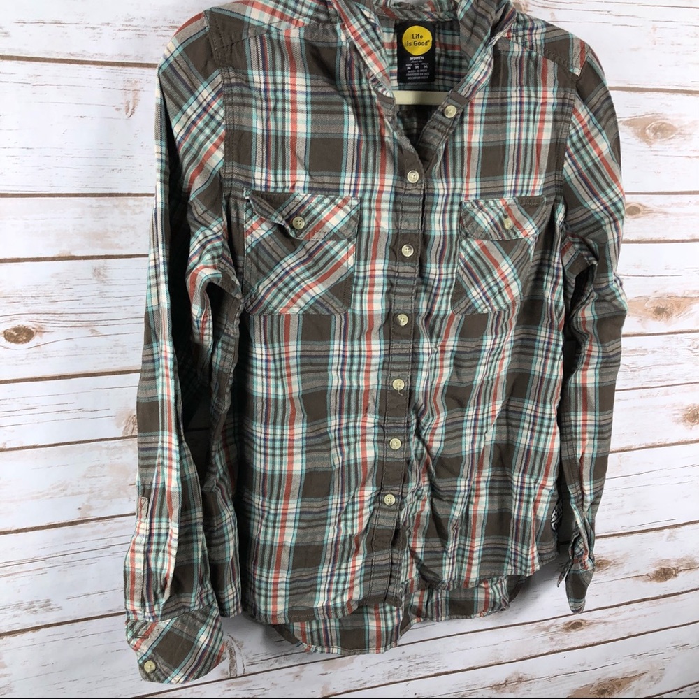 Life Is Good brown plaid hi low button up hood top - Picture 2 of 8